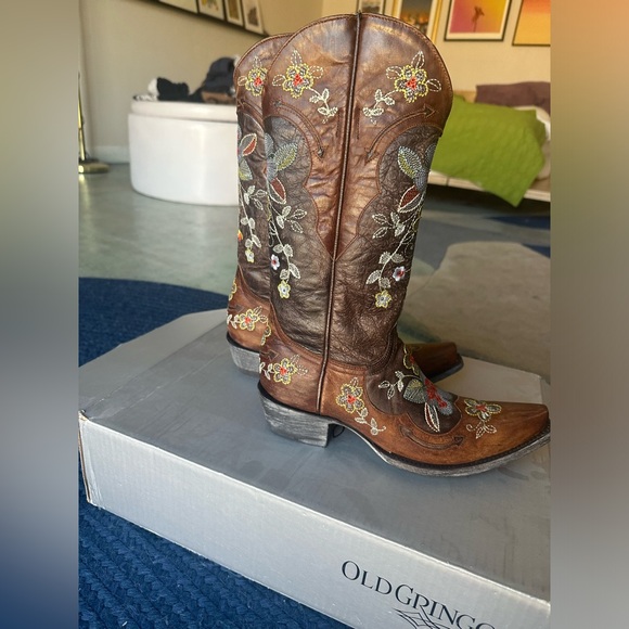 Embroidered floral brown leather 4long cowgirlie boot - Picture 4 of 5